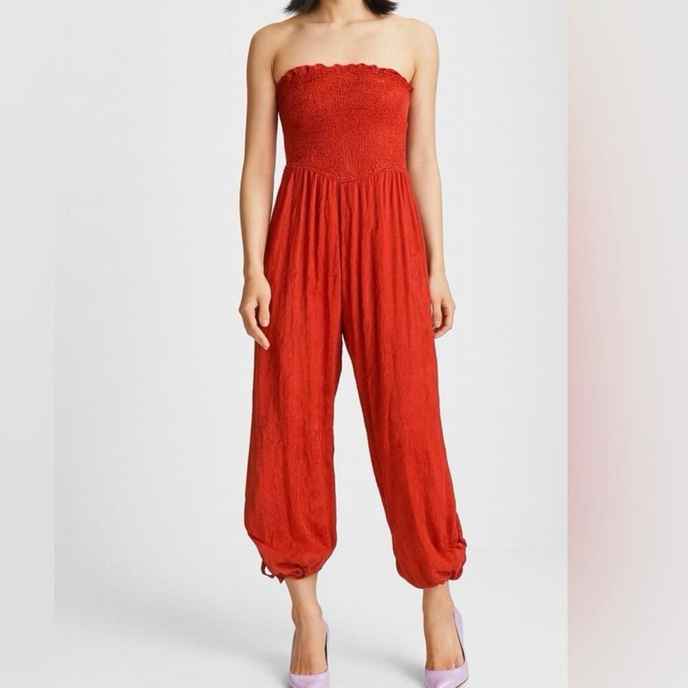 Rust Orange Strapless Smocked crop Jumpsuit xxsmall Boho resort vacation indie